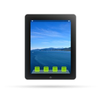 Tablet PC with lanscape background isolated on white.