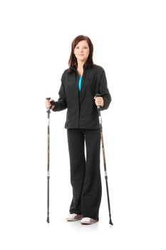 Nordic walking girl, isolated on white background