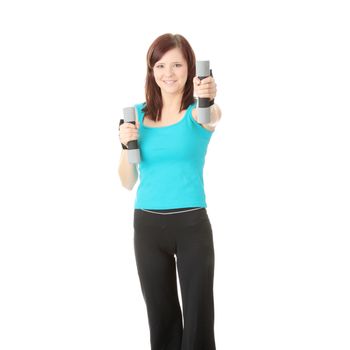 Portrait of beautiful smiling girl with dumbbells.