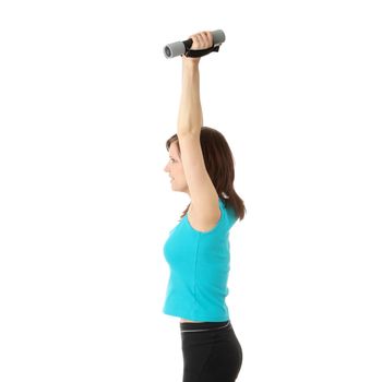 Portrait of beautiful smiling girl with dumbbells.