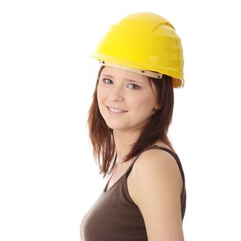 Engineer woman in yellow helmet isolated on white background