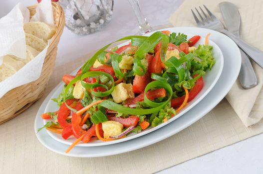 Summer vegetable salad with grilled cheese and onion in a serpentine