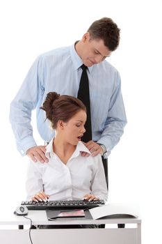 Molestation at work concept. Man molestating woman