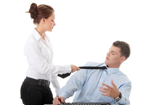 Molestation at work concept. Woman molestating man