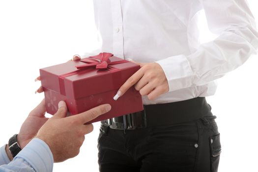 Business man offering a gift to a woman, isolated on white