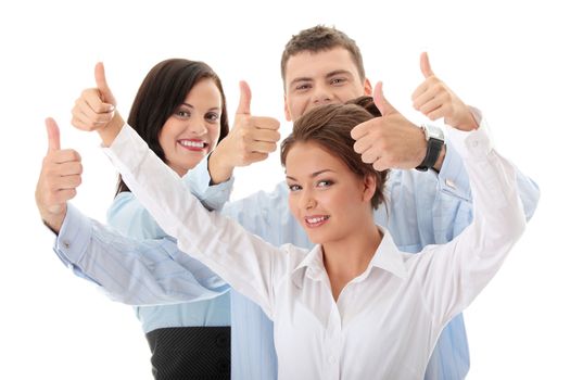 Happy business team with thumbs up, isolated on white background