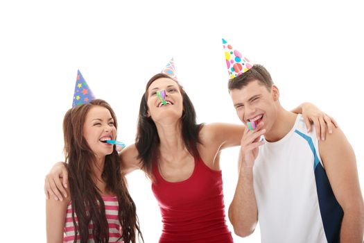 Happy three friends, isolated on white