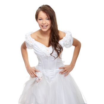 Young beautiful caucasian bride over white background