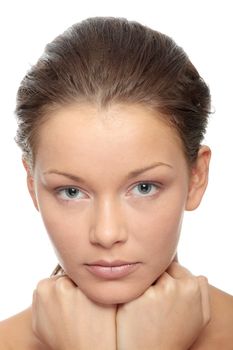 Close-up of beautiful woman face, over white background