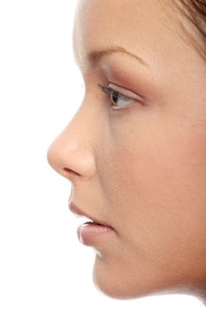 Close-up of beautiful woman face, over white background