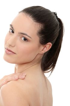 Portrait of the attractive girl without a make-up, isolated on white background