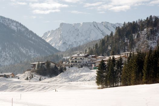 Panoramic image of the village in winter Achenkirch in Austria