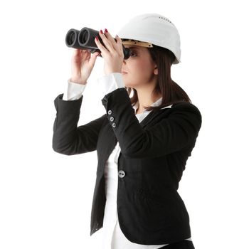 Business vision concept, engineer woman looking throught binoculars, isolated on white