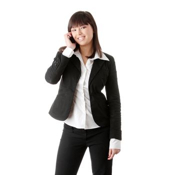 Young businesswoman using cell phone, isolated on white