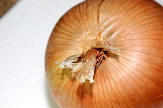 A close-up of a large yellow onion sitting on a cutting board.