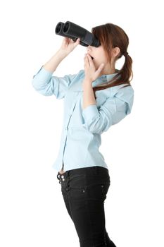 Young business woman with binocular isolated on white background