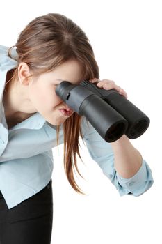 Young business woman with binocular isolated on white background