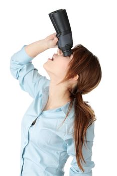 Young business woman with binocular isolated on white background