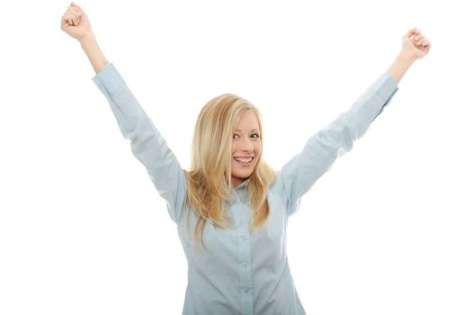 Happy young woman with hands up, isolated