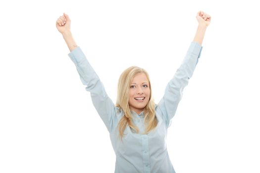 Happy young woman with hands up, isolated