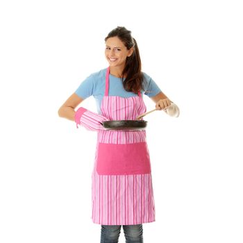 Young woman cooking healthy food, isolated on white