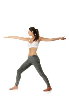 Young woman doing exercise, isolated on white