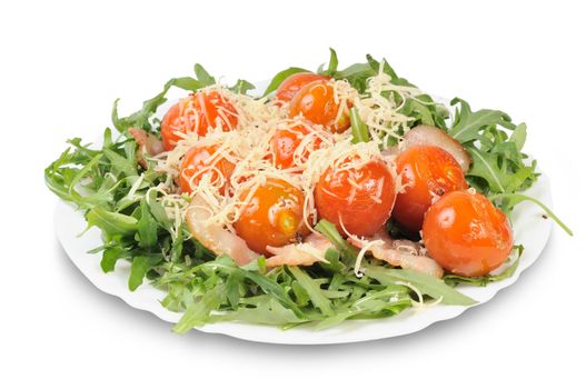 Salad with arugula and tomatoes. Isolated on white.