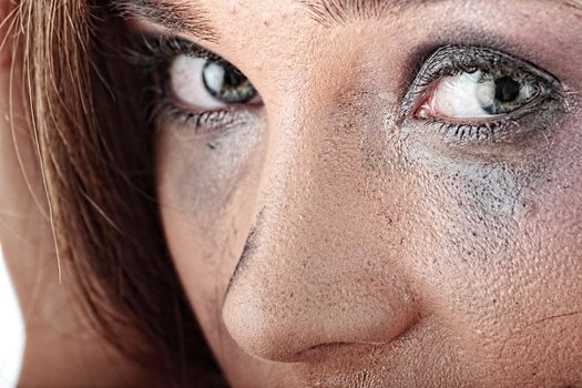 Emotional portrait of abused, crying, beautiful, young ,caucasian woman in underwear - violence concept