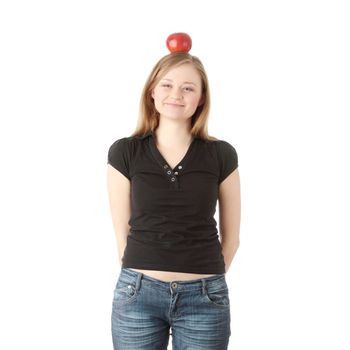 Beautiful student woman have apple on her head - learning concept