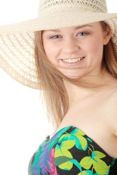 Beautiful Fashion Model Wearing A Retro Summer Hat, isolated