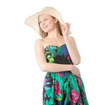 Beautiful Fashion Model Wearing A Retro Summer Hat, isolated
