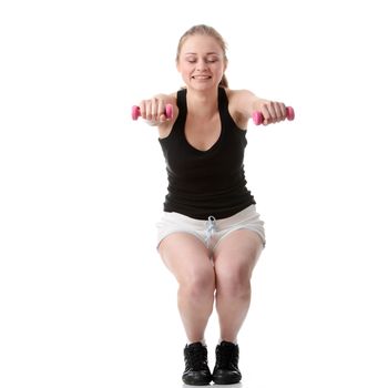 Beautiful young blonde exercising, isolated on white background