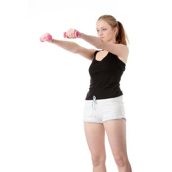 Beautiful young blonde exercising, isolated on white background