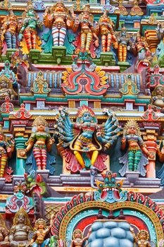 Kali image. Sculptures on Hindu temple gopura (tower). Menakshi Temple, Madurai, Tamil Nadu, India