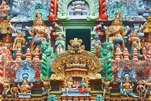 Sculptures on Hindu temple gopura (tower). Jambukeshwarar temple. Madurai, Tamil Nadu, India