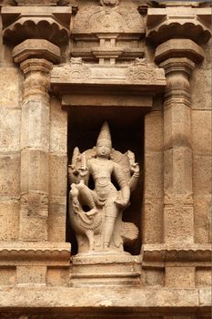Indian deity Muruga statue. Bas reliefes in Hindu temple. Arunachaleswar Temple.Tiruvannamalai, Tamil Nadu, India