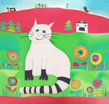 Image of my artwork with a fat white cat