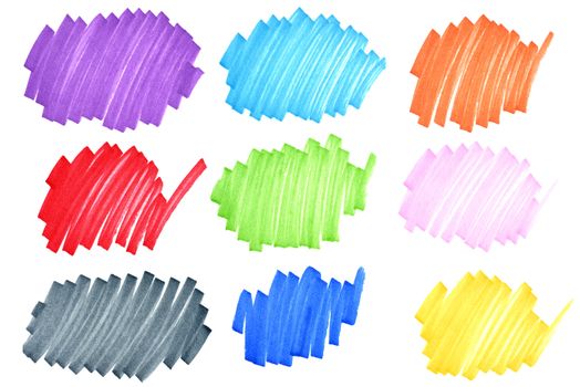 Colorful felt tip ink markers scribbles macro with paper fiber details visible.