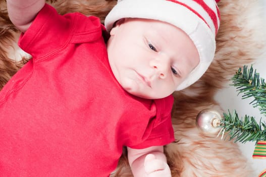 Newborn baby in chritstmas hat lies on fur
