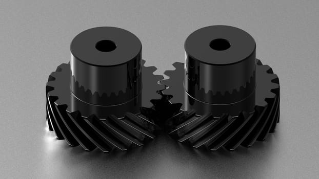 Two black crome gears on titanium background, mechanism concept 3d render of a gear