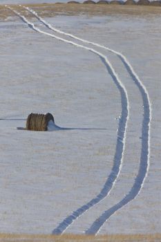 Hay Bale and tractor tracks Saskatchewan Canada winter cold