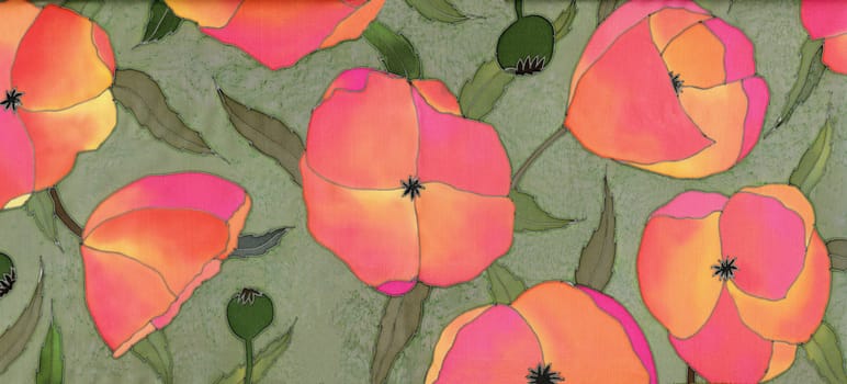 Image of my artwork with a red poppies on green background