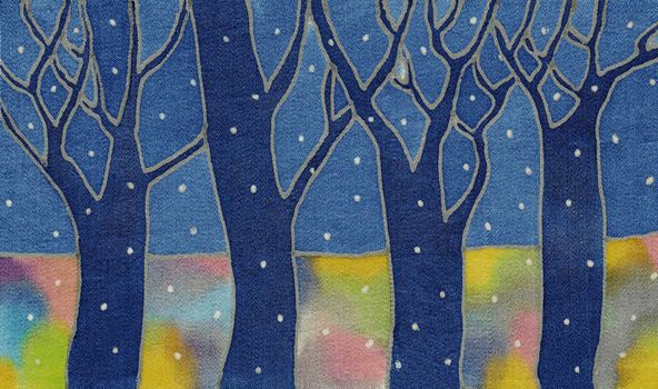 Image of my artwork with a batik textile night snow forest