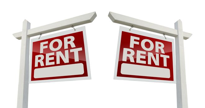 Left and Right Facing For Rent Real Estate Signs Isolated on a White Background with Clipping Path.