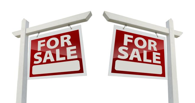 Pair of Right and Left Facing For Sale Real Estate Signs Isolated on a White Background with Clipping Paths.