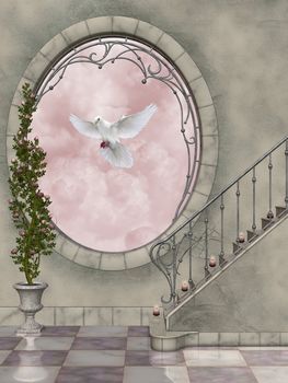 Stairs of a castle and a peace dove is flying