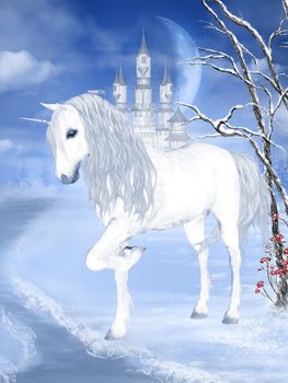 a white unicorn in a fantastic winter landscape