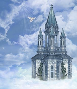 a church in the sky with a peace dove