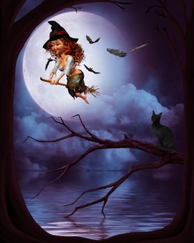 a little witch flying in the moonlight
