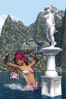 a mermaid dancing around a statue of an angel